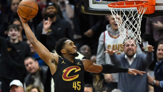 Cleveland Cavaliers guard Donovan Mitchell (45) drives to the basket in the third quarter against the Los Angeles Lakers at Rocket Mortgage FieldHouse.